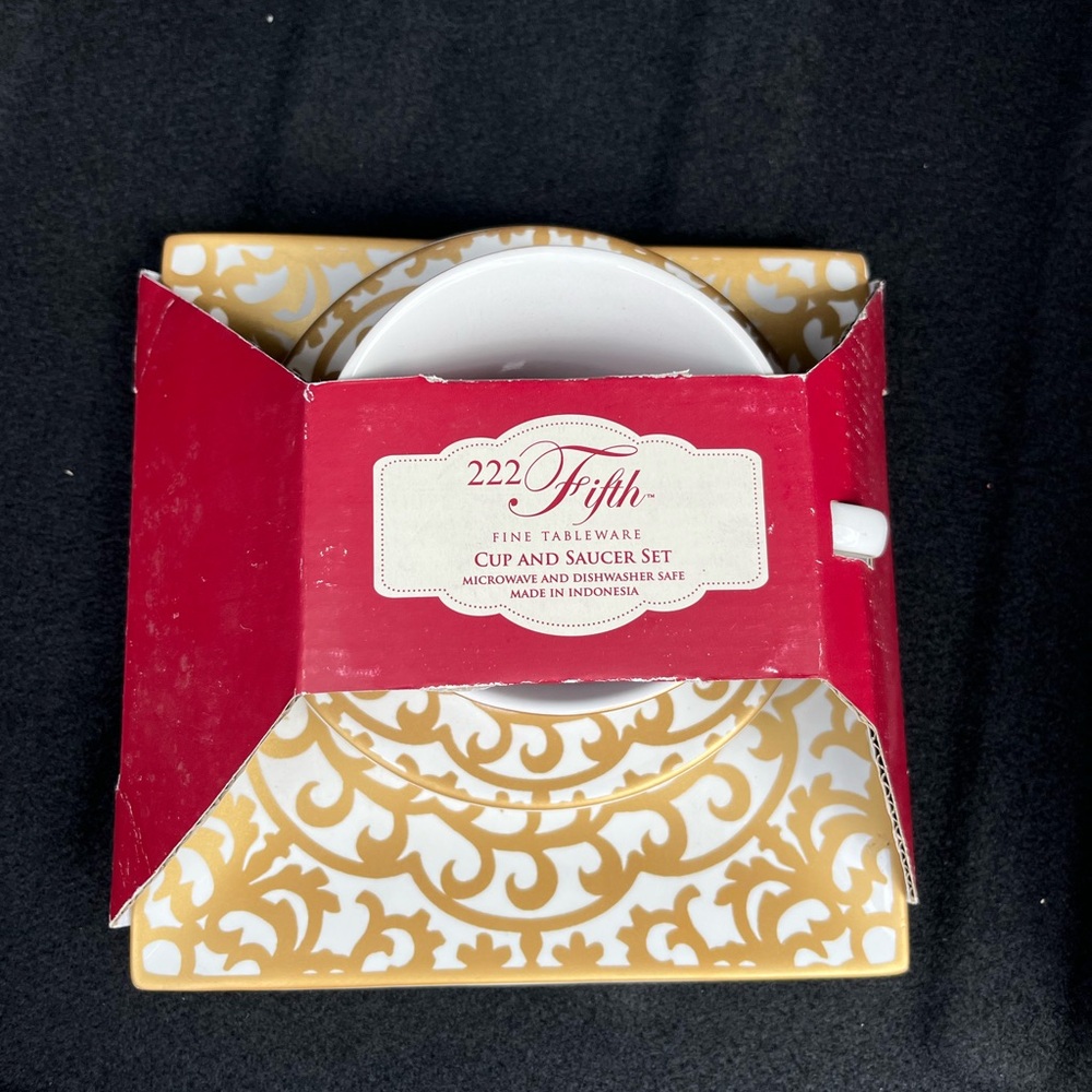 222 Fifth Gold and White Square Cup and Saucer Set